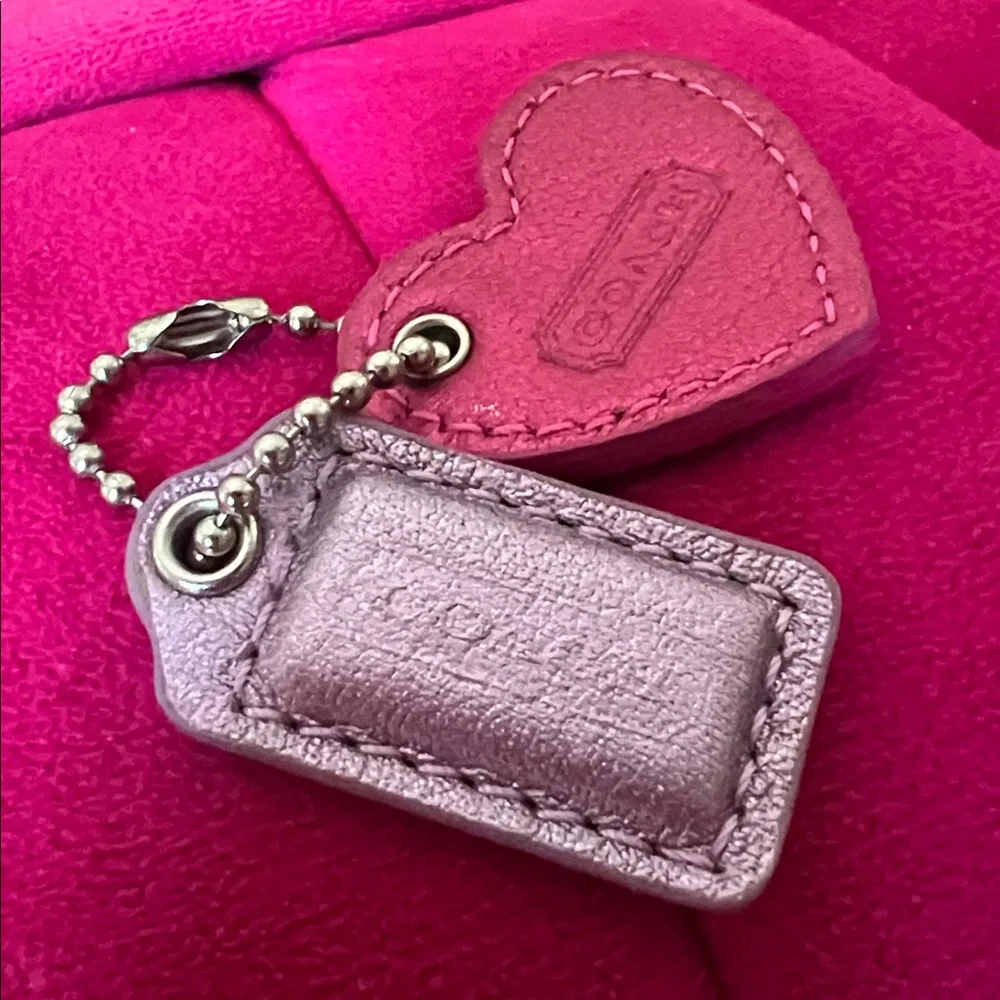 Coach Pink Heart & Lilac Tag Leather Keychain Charm